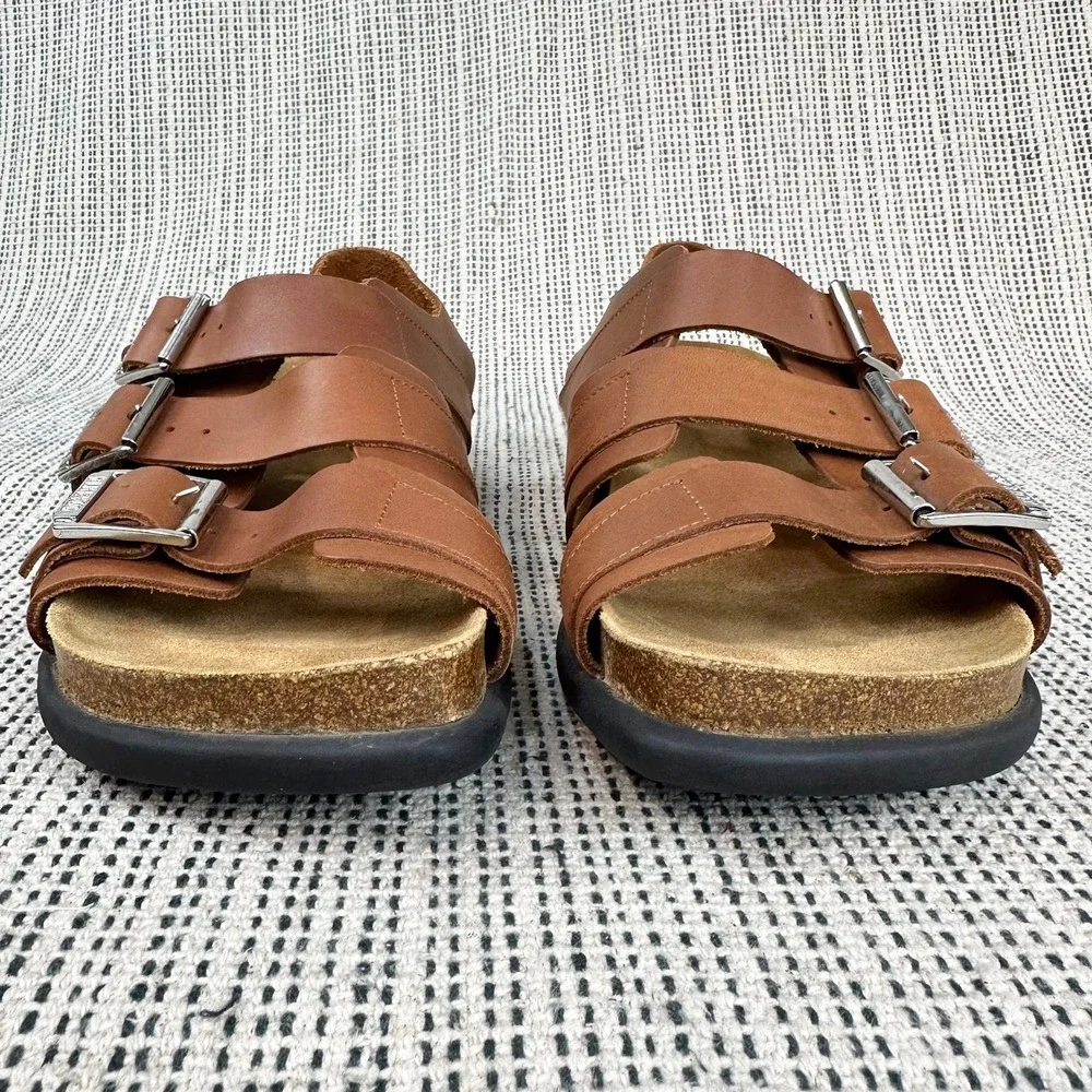 John Fluevog Peacemakers Sandals Men Size 10 Brown Leather Triple Buckle Cork